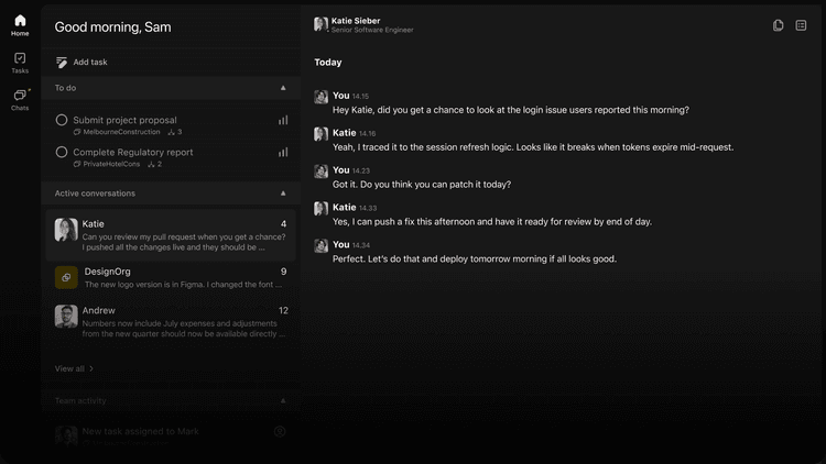 Convoe chat screen with team conversations and workspace context